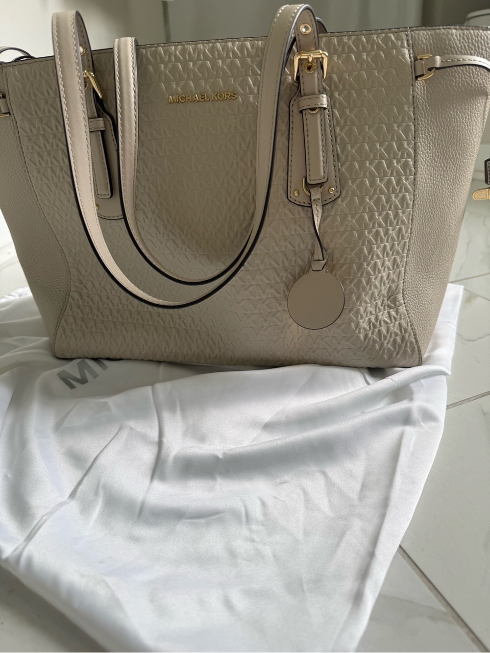 Michael Kors Taupe Beige Embossed Tote with Gold Hardware